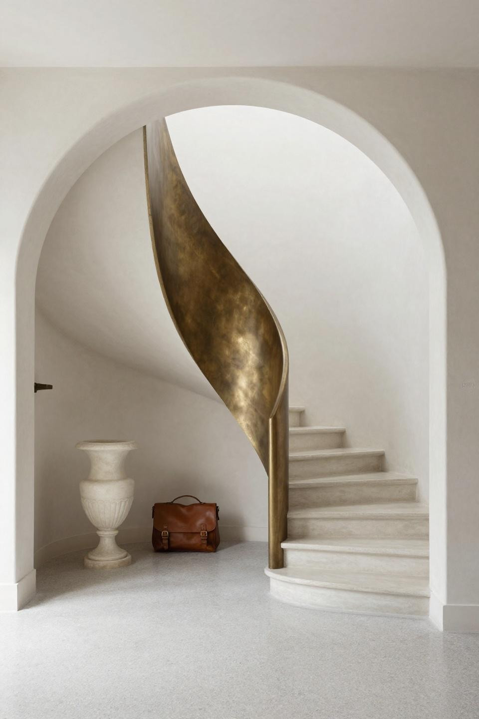 Bloxburg house inspo with seamless plaster archway and brass stair rail