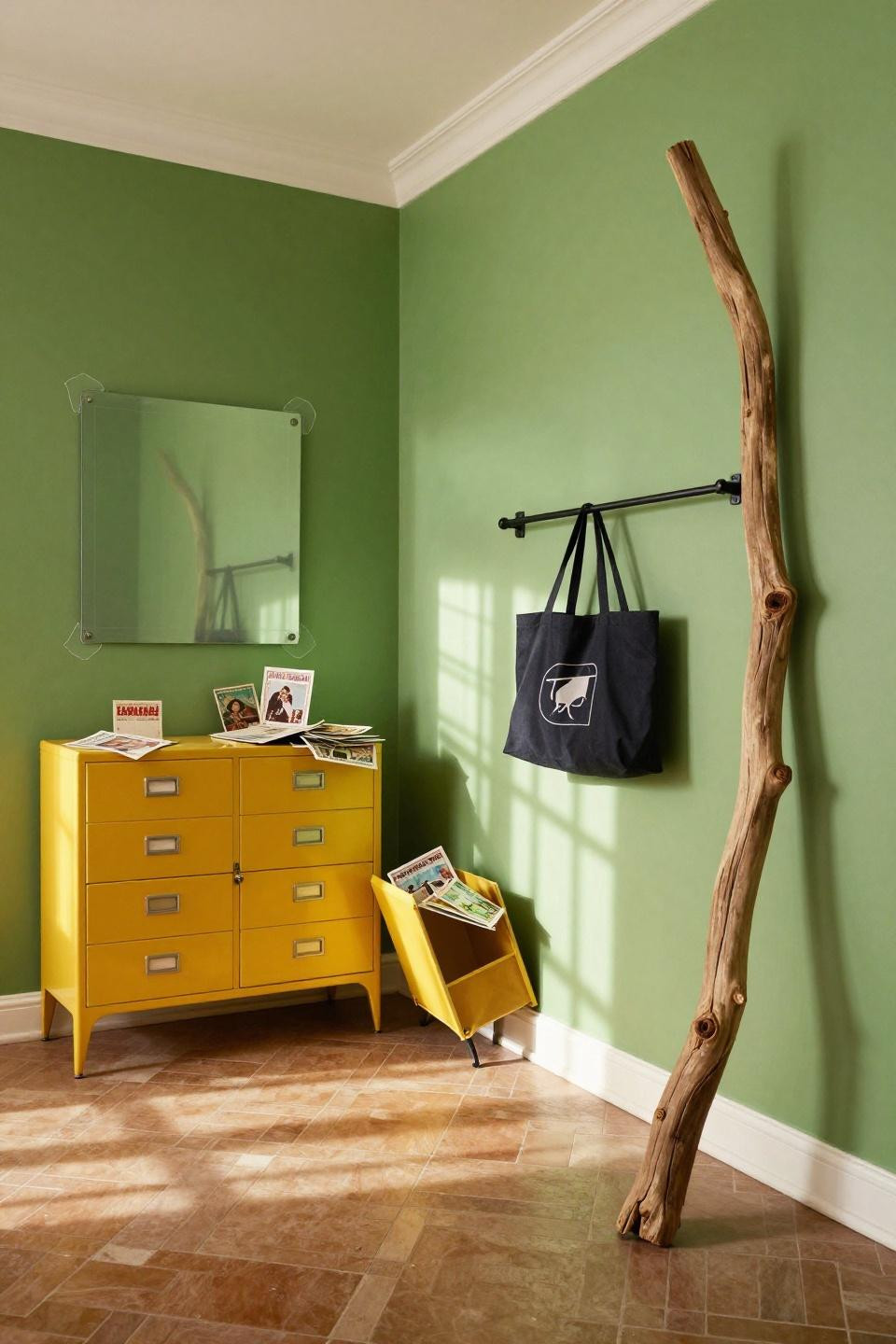 Entryway ideas Bloxburg with lime green wall and vintage filing cabinet