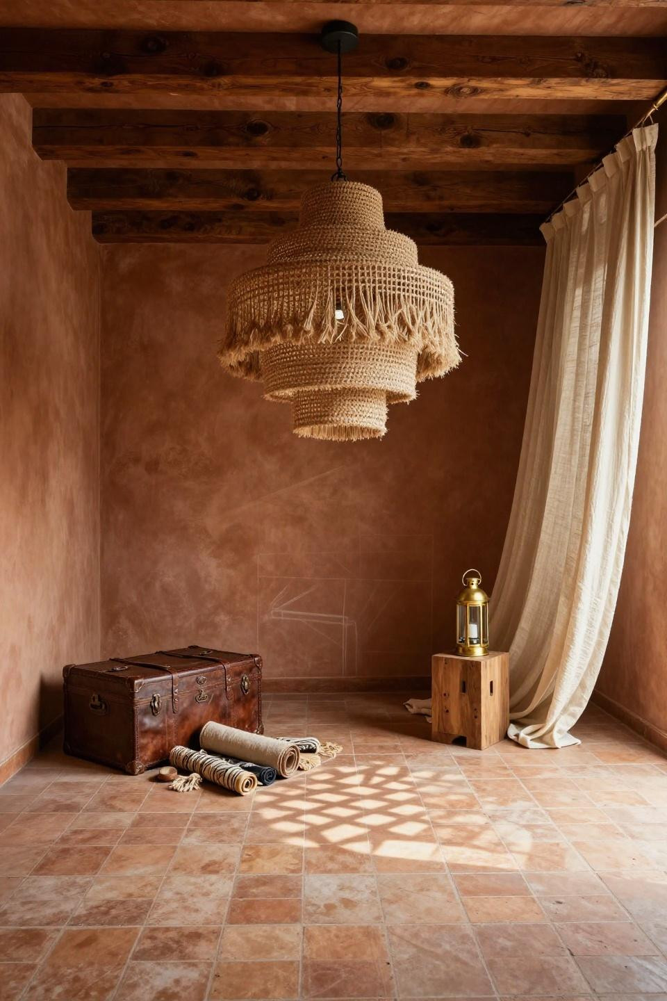 Bloxburg entrance ideas with bohemian woven pendant and clay tile floor