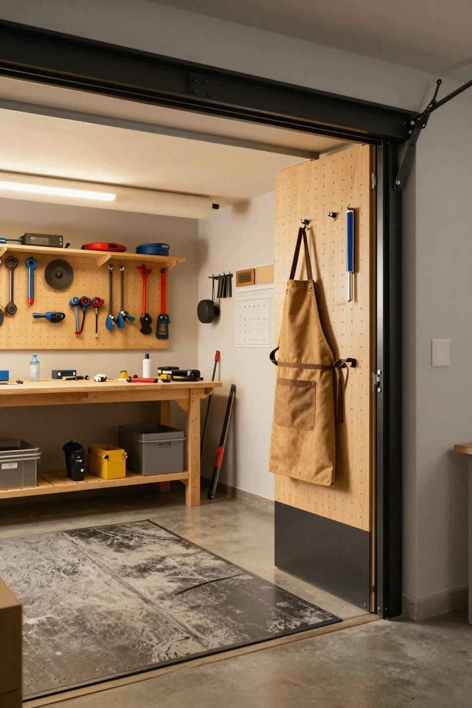 Bloxburg plot ideas garage workshop with black steel door frame and tool pegboard