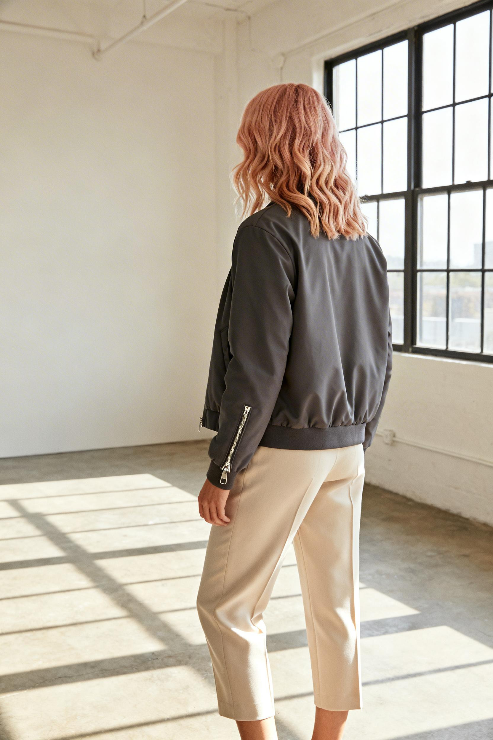 Sporty Elegant Outfit - charcoal jacket beige trousers