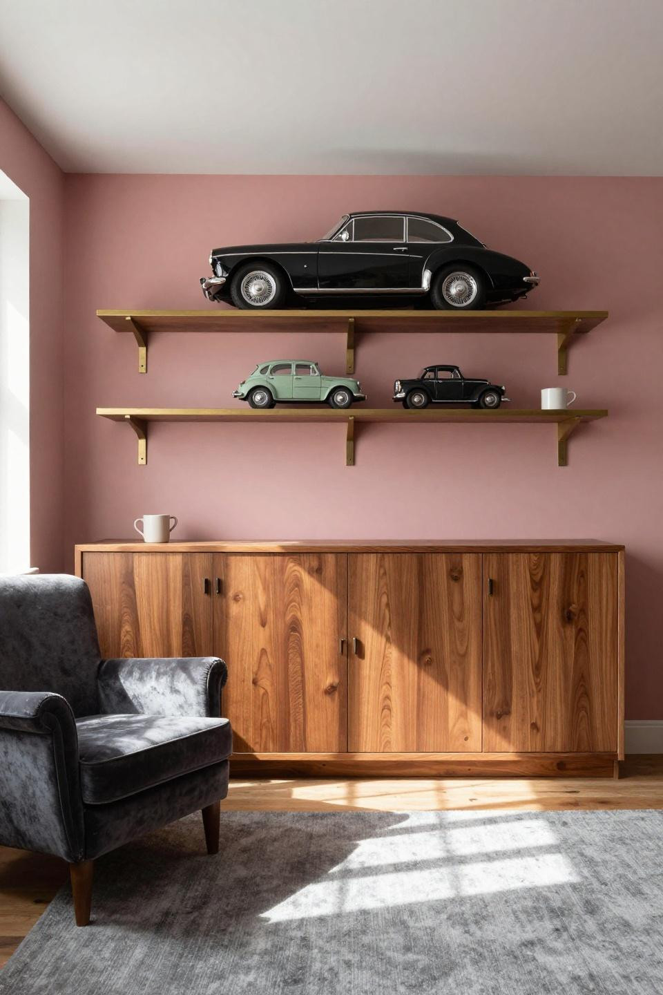 Bloxburg plot ideas garage lounge with walnut storage and dusty rose feature wall