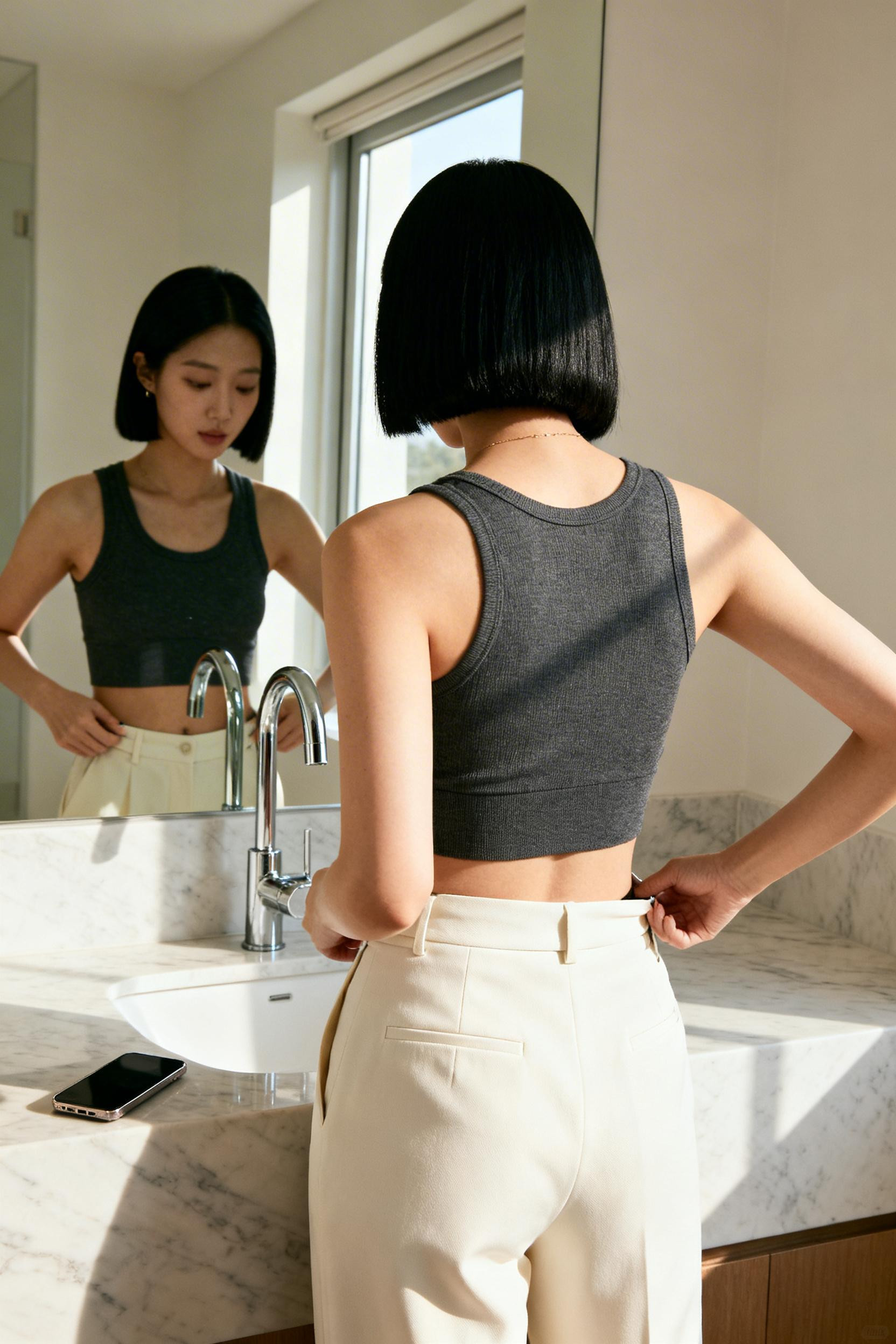 Athletic Work Outfit - charcoal tank cream trousers