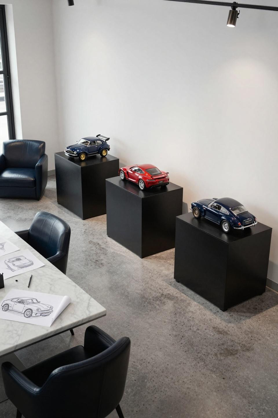 Bloxburg plot ideas garage showroom with matte black pedestals and terrazzo floor