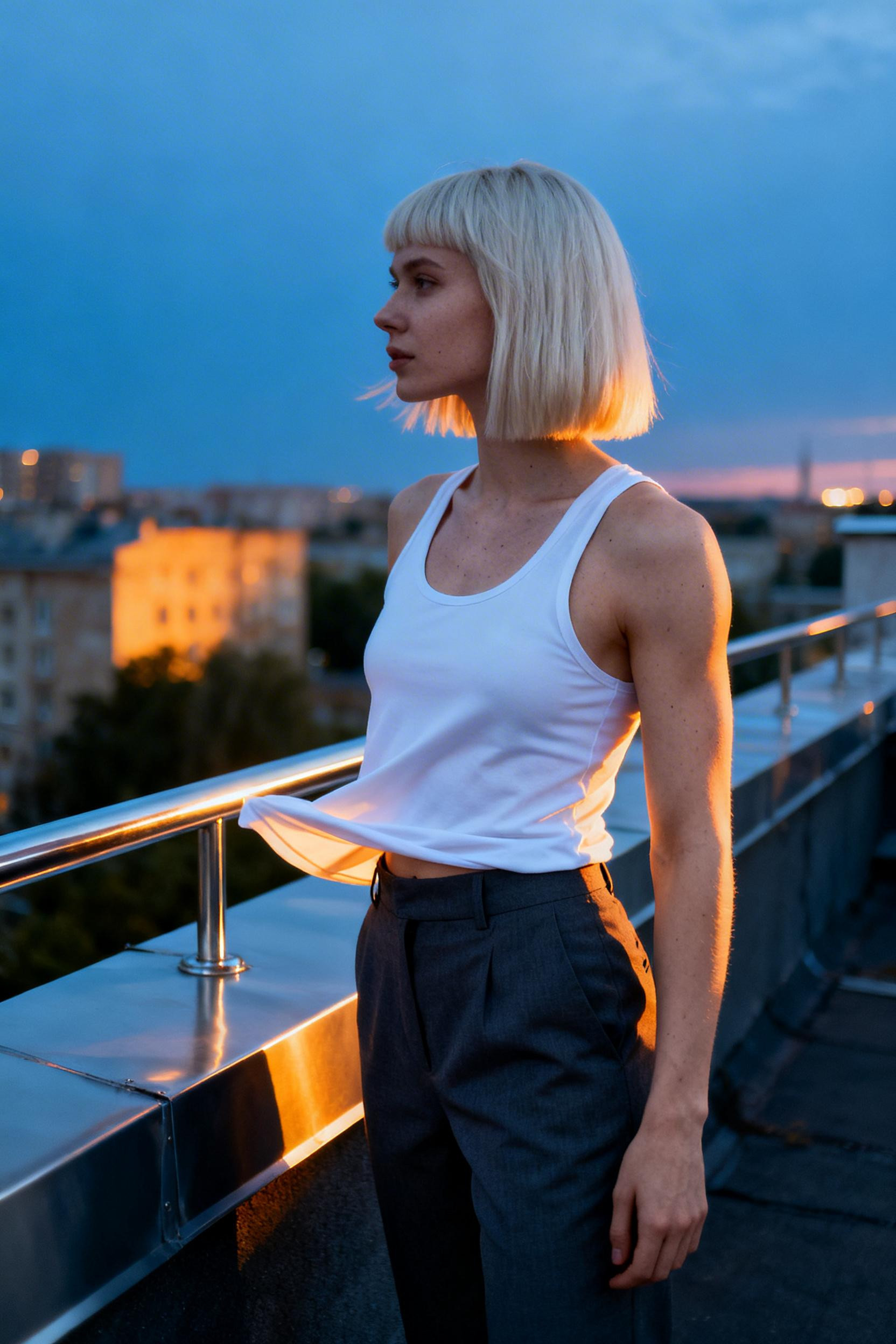 Athletic Chic Outfits - white tank charcoal trousers