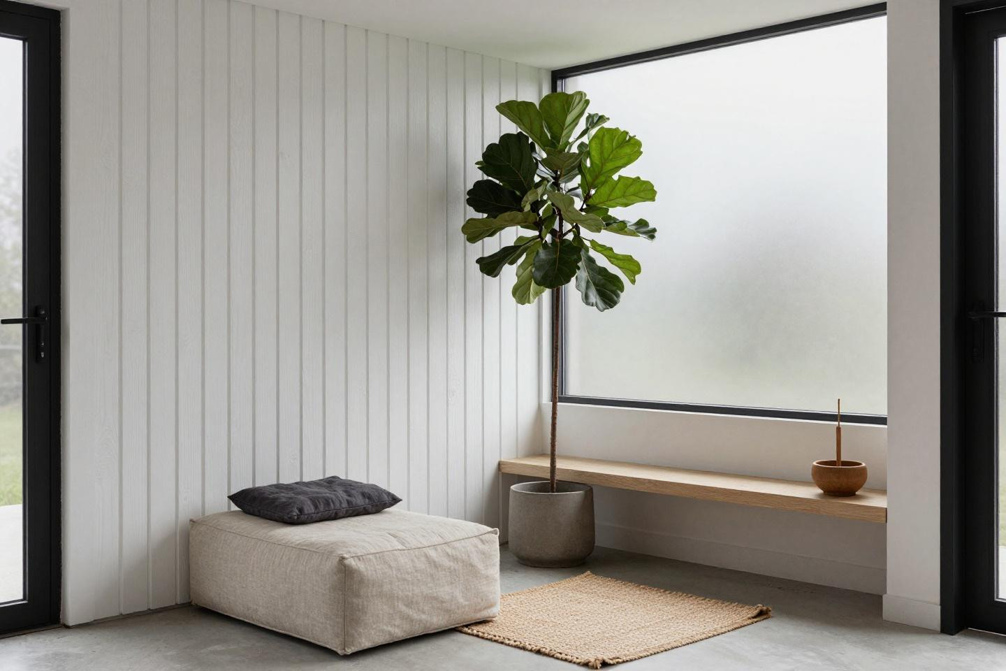 Bloxburg plot ideas garage meditation room with fluted white oak and platform seating