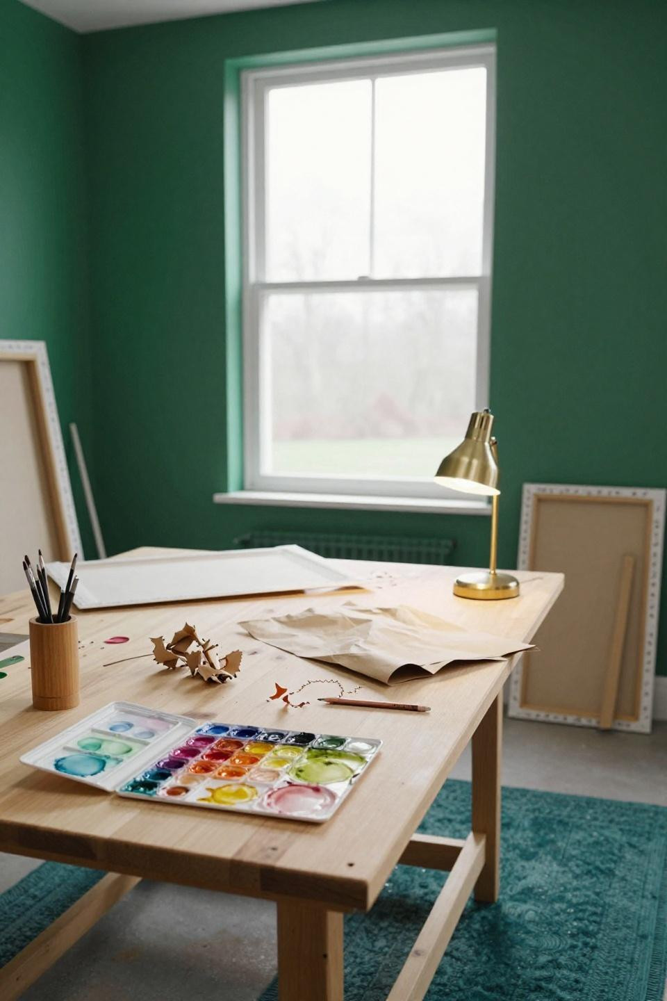 Bloxburg plot ideas garage art studio with emerald wall and raw pine worktable