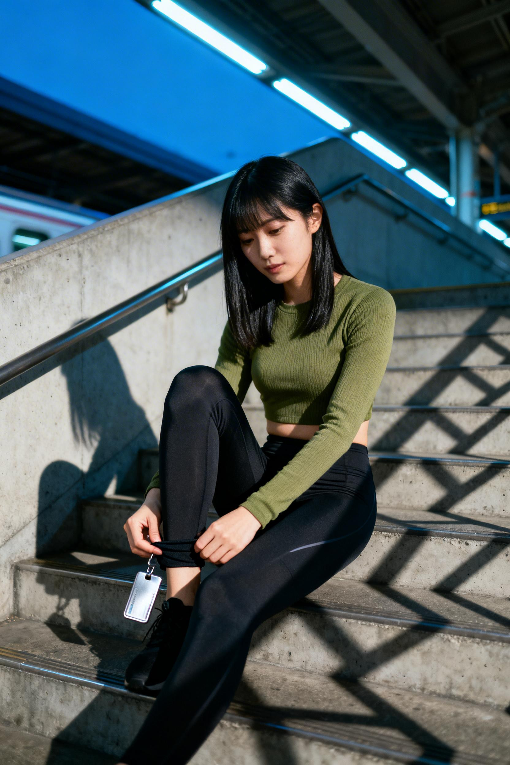 Athletic Work Outfit - sage pullover black leggings
