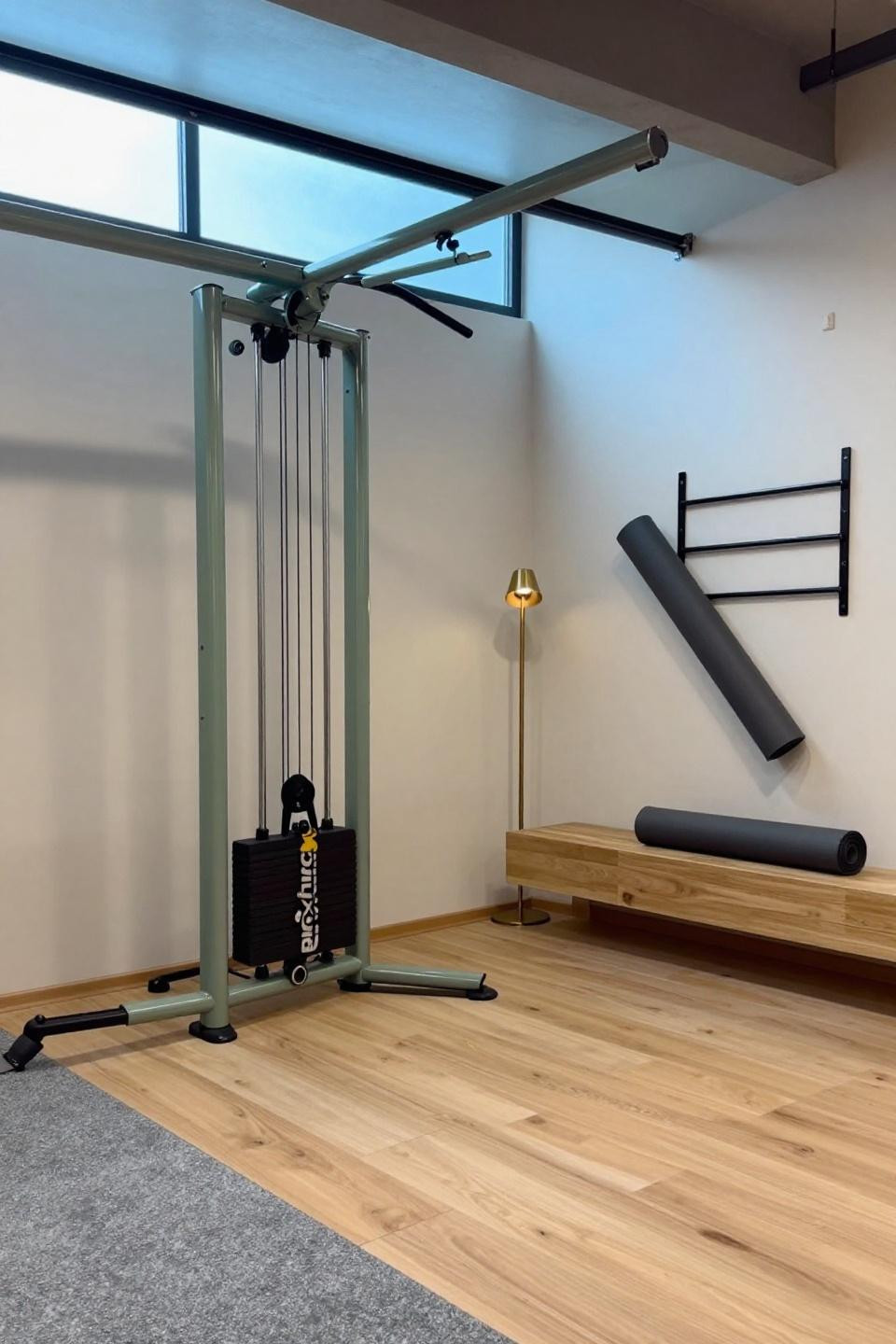 Bloxburg plot ideas garage fitness room with sage green cable machine and oak flooring