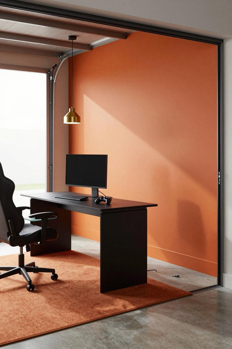 Bloxburg plot ideas garage gaming room with burnt orange wall and black matte desk
