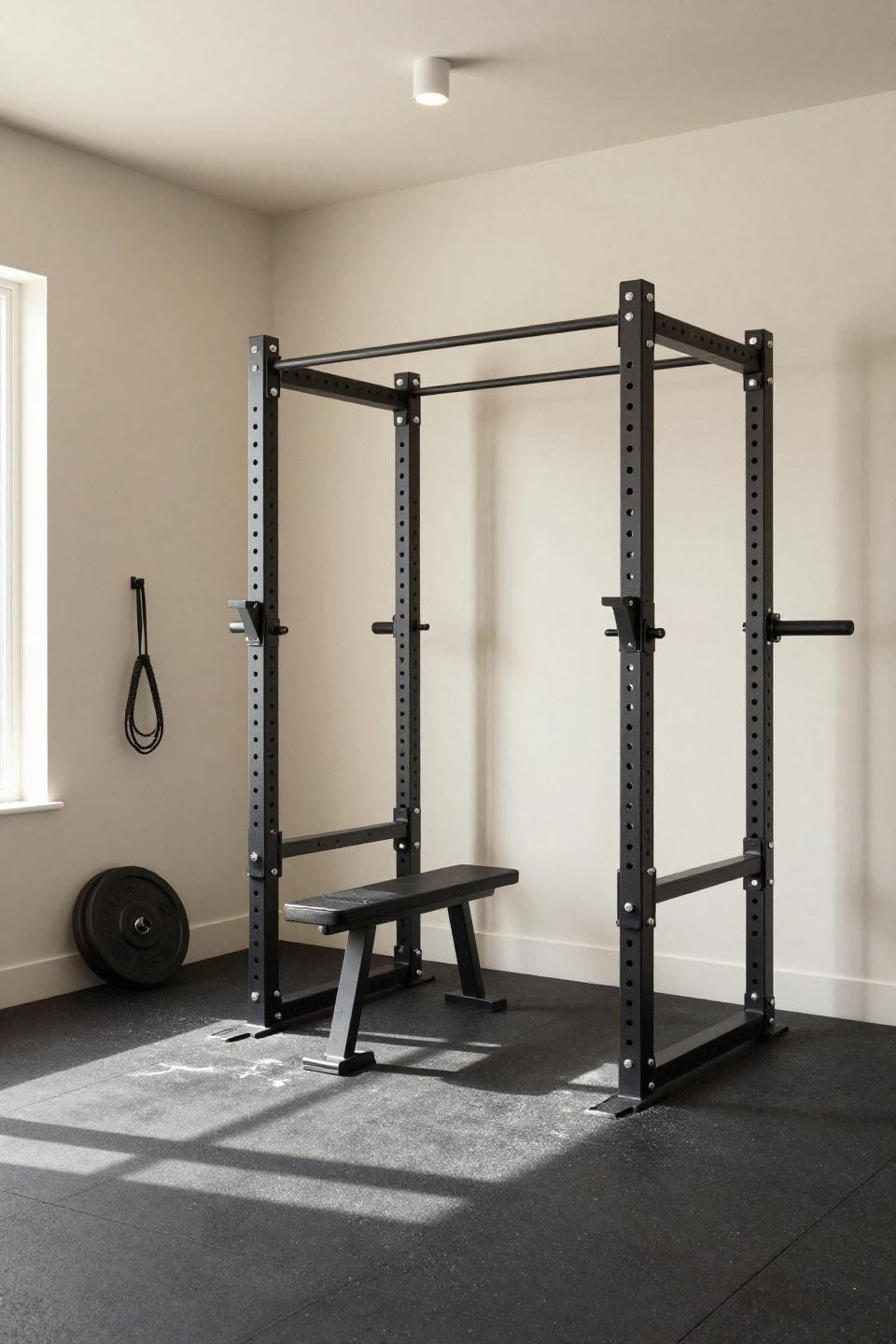 Bloxburg plot ideas garage gym with steel squat rack and rubber flooring