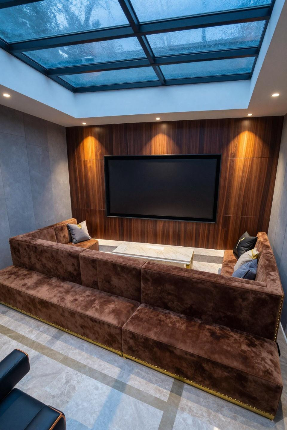Bloxburg plot ideas garage home theater with tiered risers and burnt sienna sectional