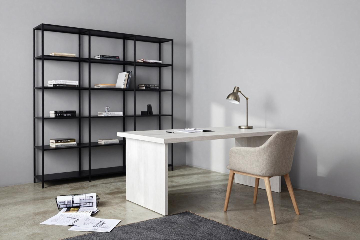 Bloxburg plot ideas garage office with black metal shelving and white oak desk