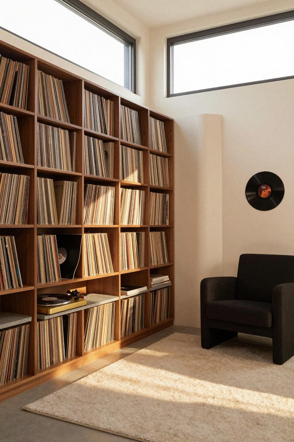 Bloxburg space fillers garage vinyl listening room with walnut storage and brass turntable