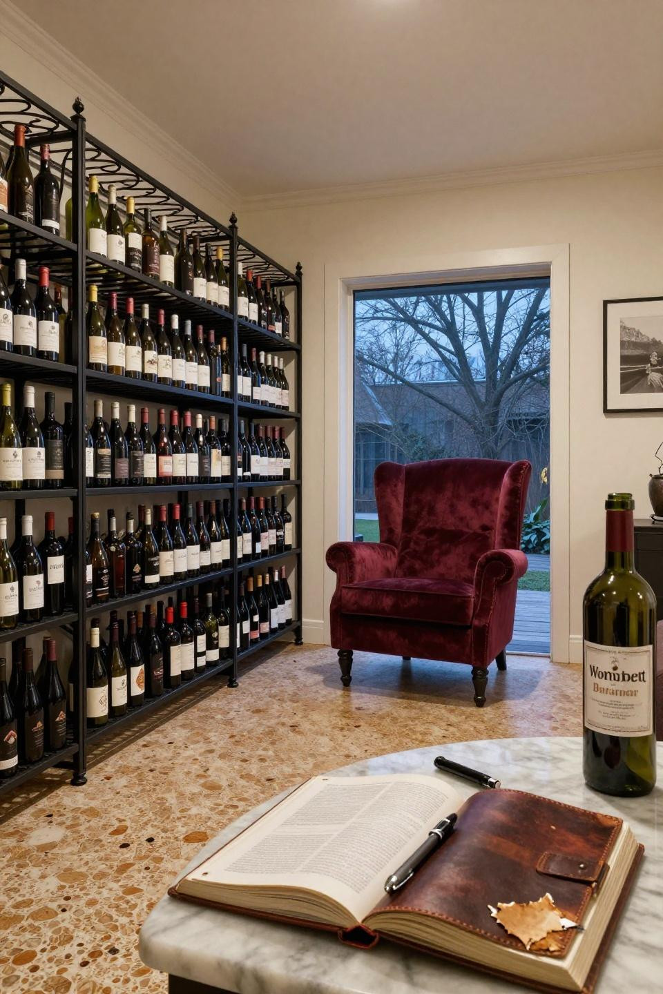 Bloxburg store ideas garage wine cellar with blackened steel racks and burgundy chair