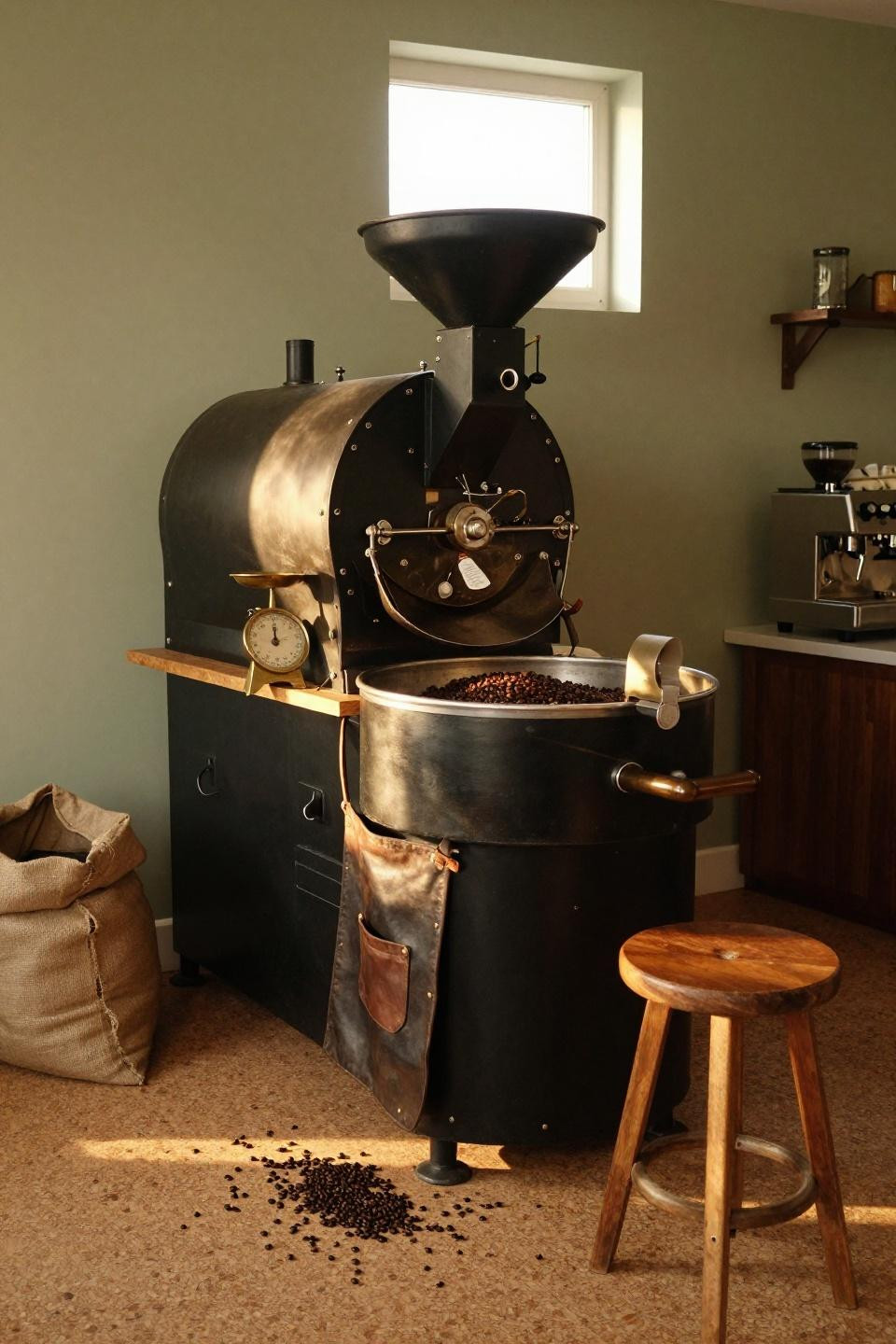 Bloxburg house inspo garage coffee roastery with industrial drum roaster and butcher block