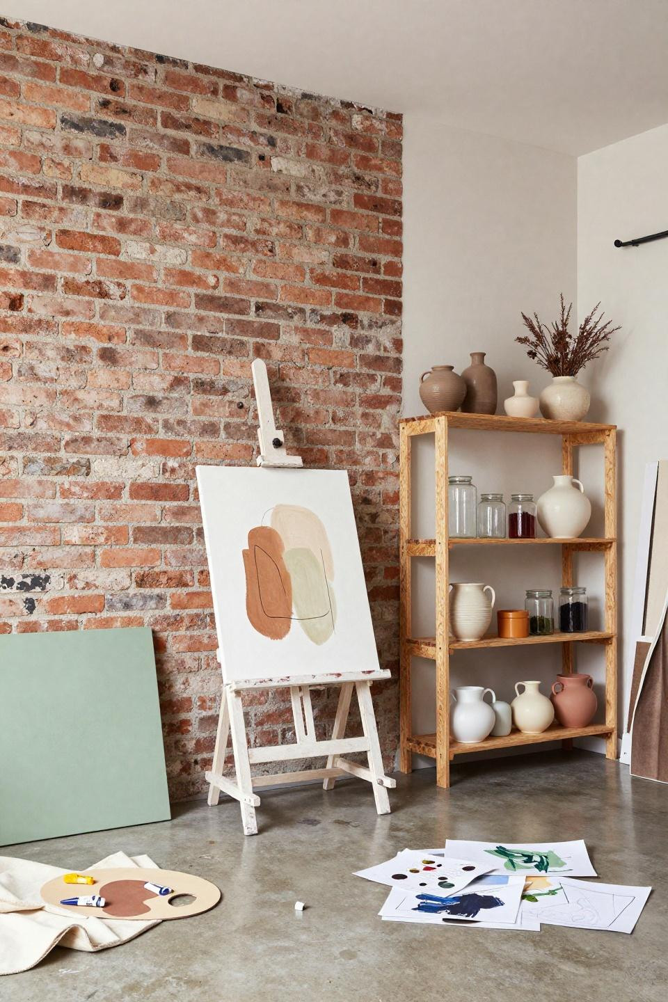 Bloxburg driveway ideas garage artist studio with exposed brick and wooden easel