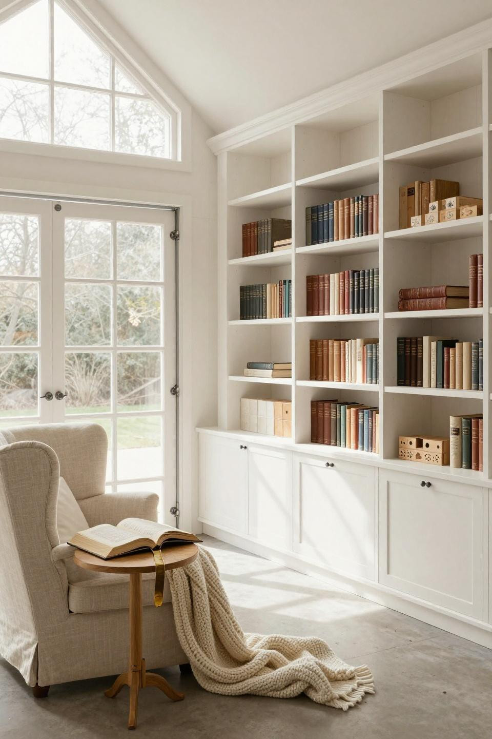 Bloxburg ideas to build garage reading room with whitewashed pine shelving
