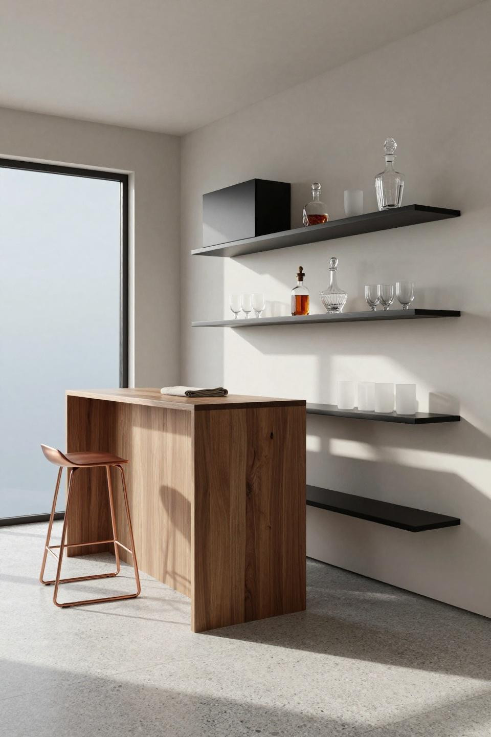 Bloxburg empty space ideas garage bar with matte black shelving and walnut counter