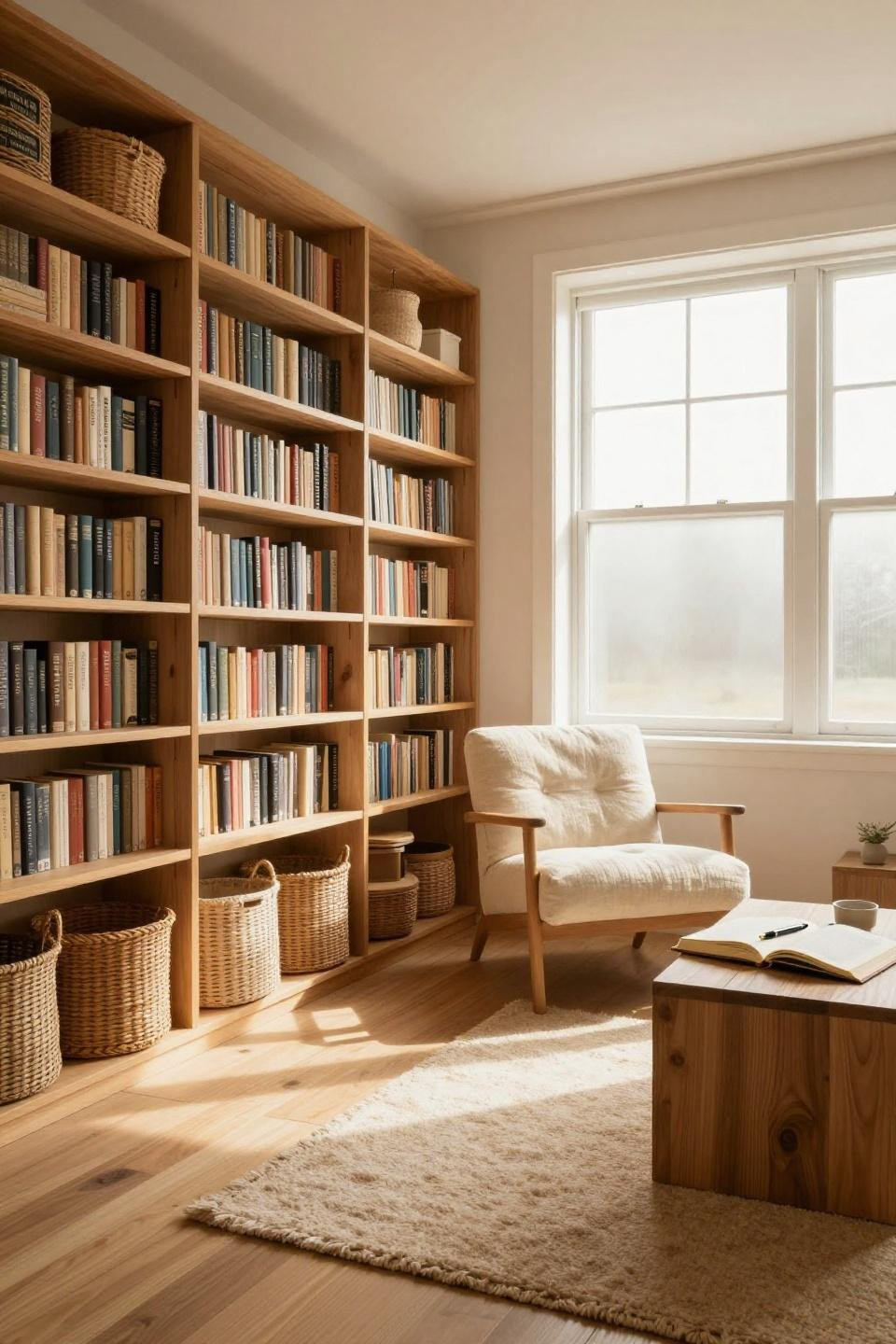 Extra room ideas Bloxburg garage library with natural birch bookshelves and linen reading chair