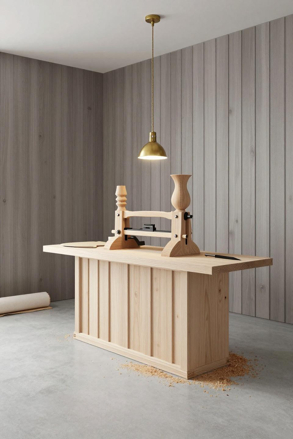 Basement ideas Bloxburg garage workshop with ash slat wall and lathe machine