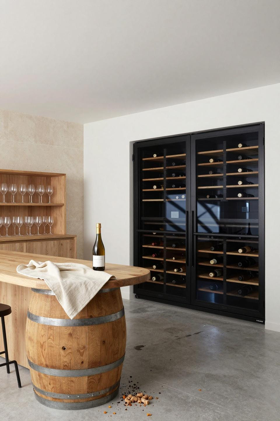 Bloxburg garage ideas wine cellar with recessed steel wine fridge and limestone accent wall