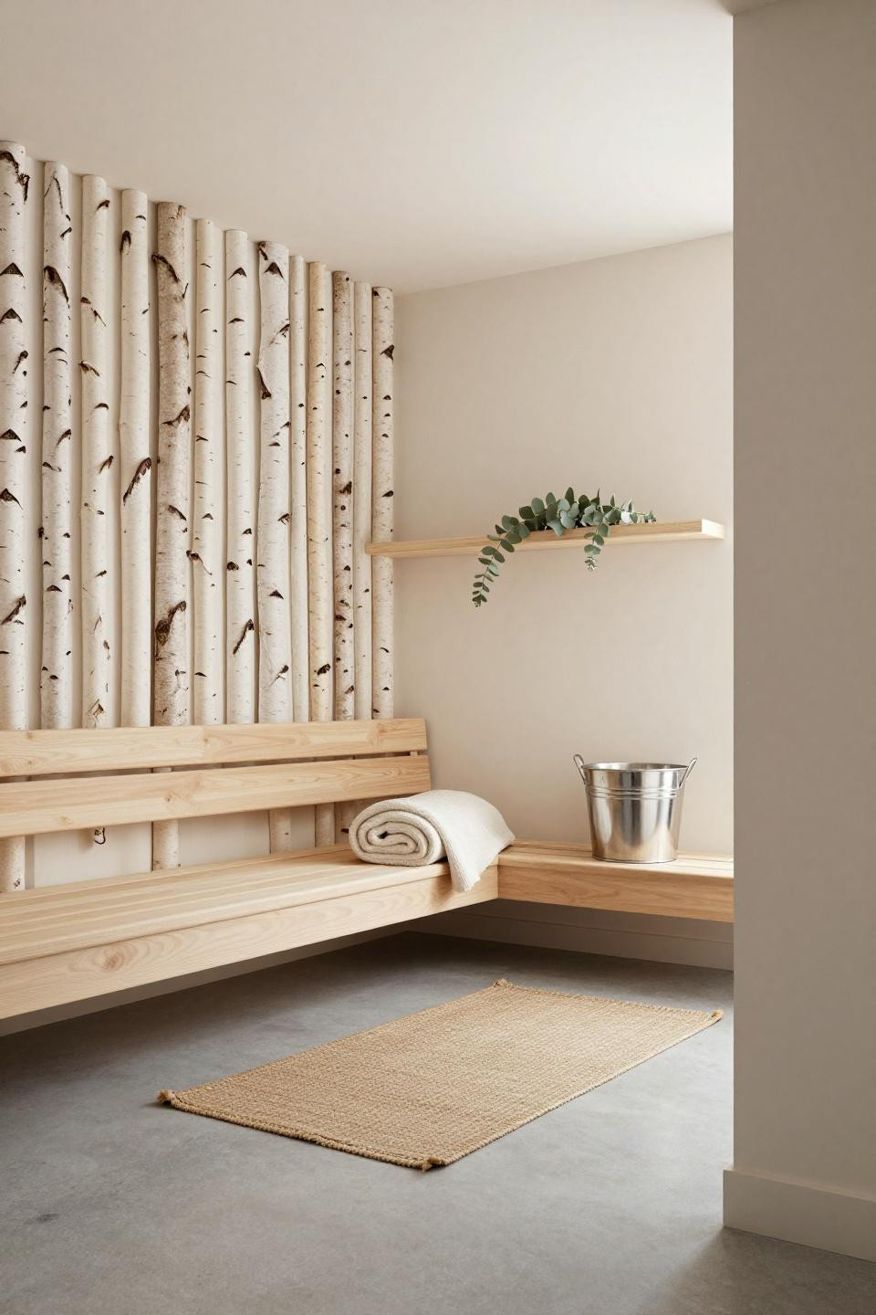 Bloxburg plot ideas garage sauna with pale birch slats and cedar bench