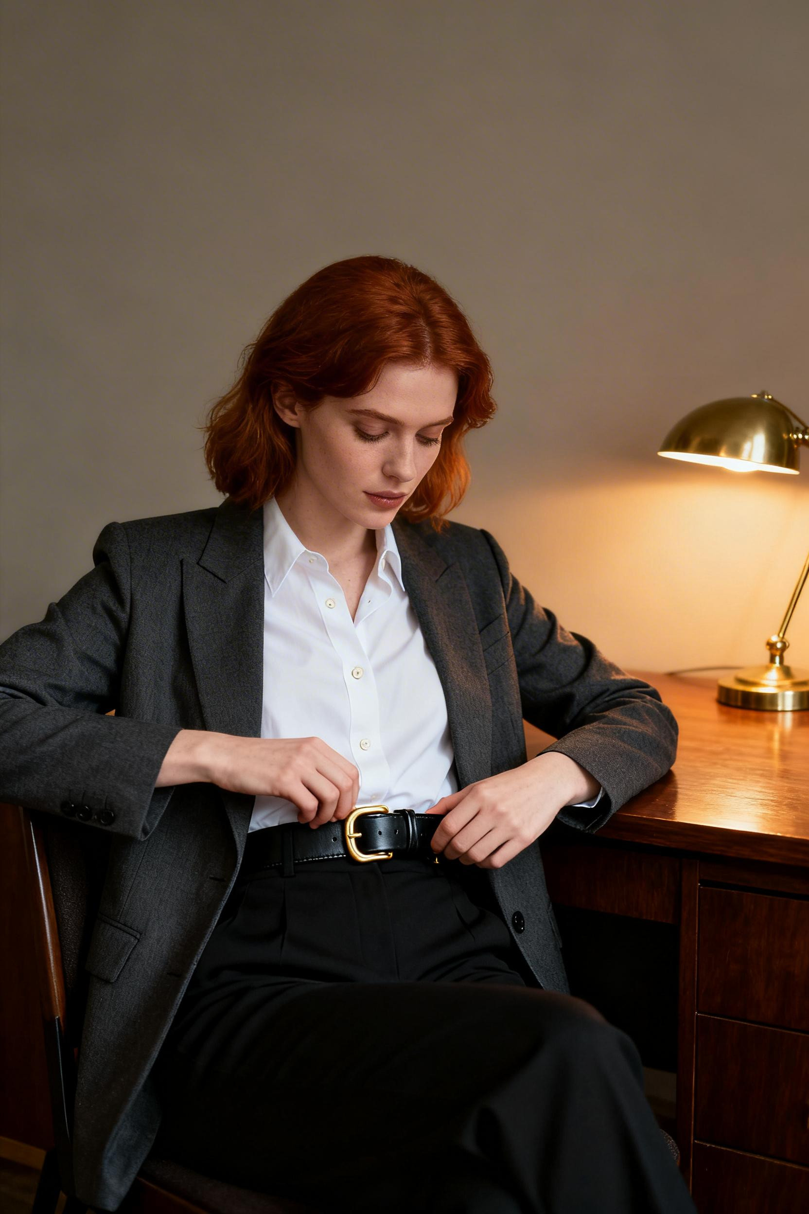 Grunge office outfit with charcoal blazer and white shirt
