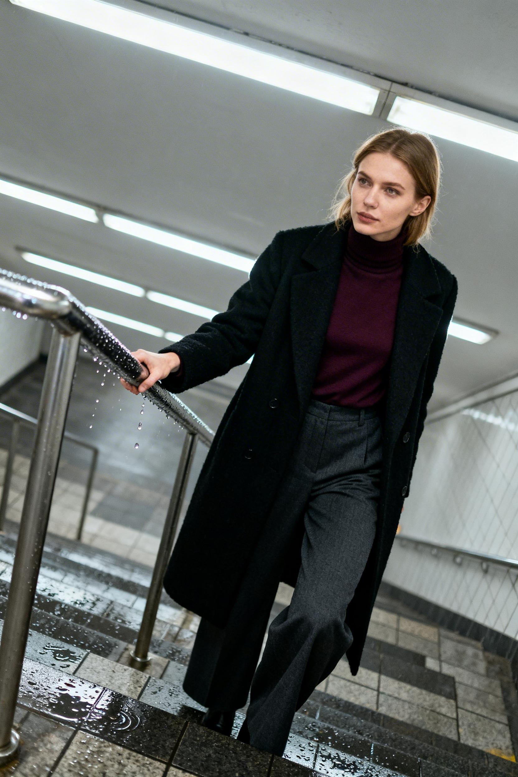Alt office outfit with coat and burgundy turtleneck