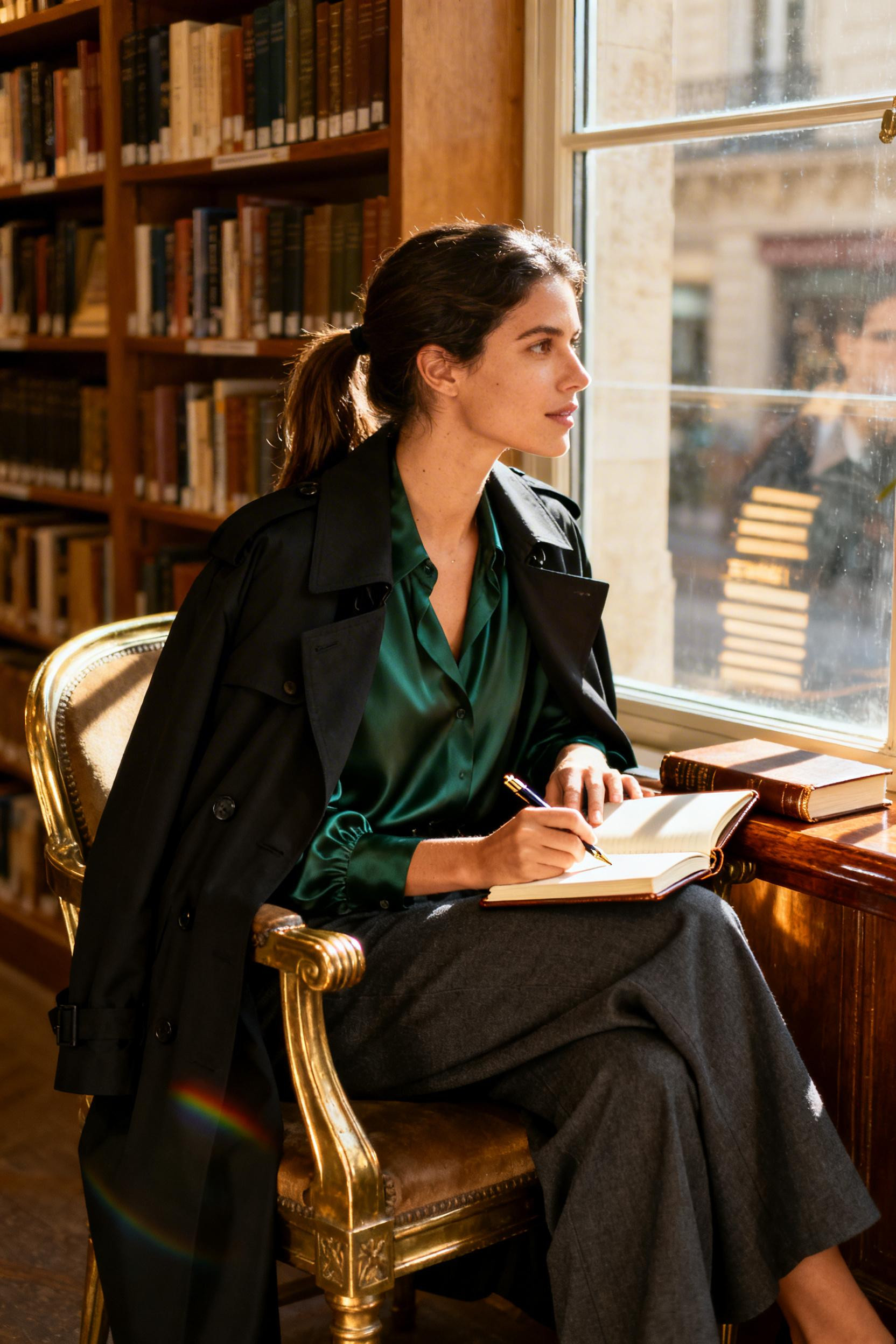 Classy goth outfit with trench coat and forest green blouse