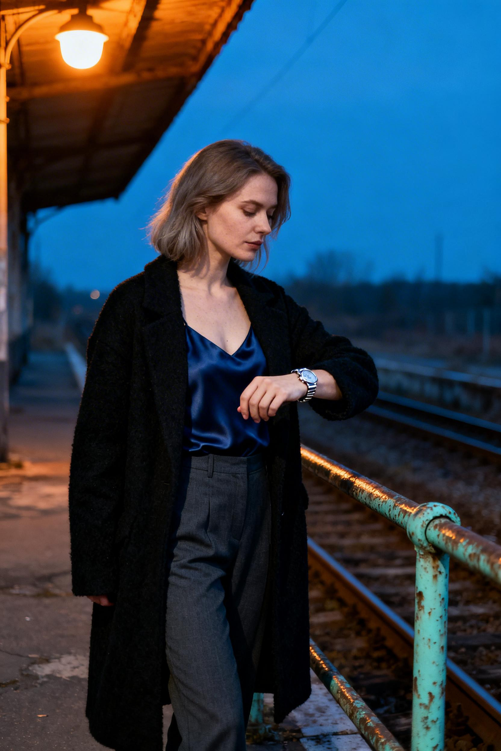 Office goth work outfit with coat and sapphire camisole