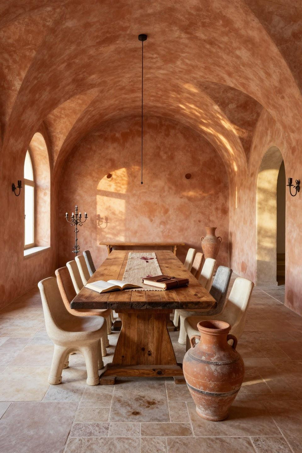 Bloxburg dining ideas with terracotta vaulted ceiling