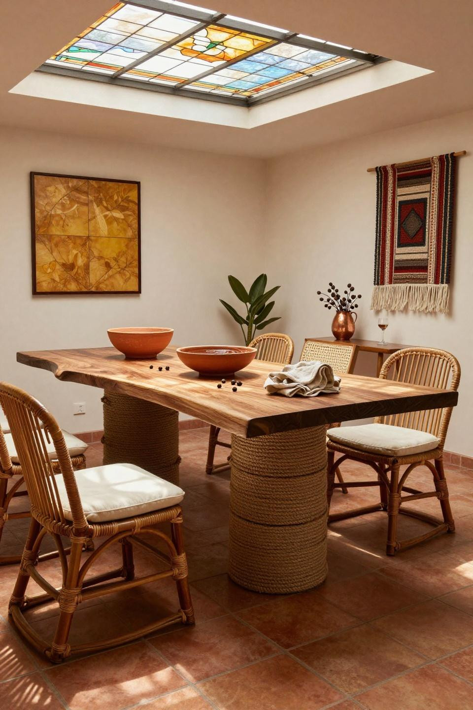 Bloxburg dining room with live-edge walnut table and mismatched rattan chairs