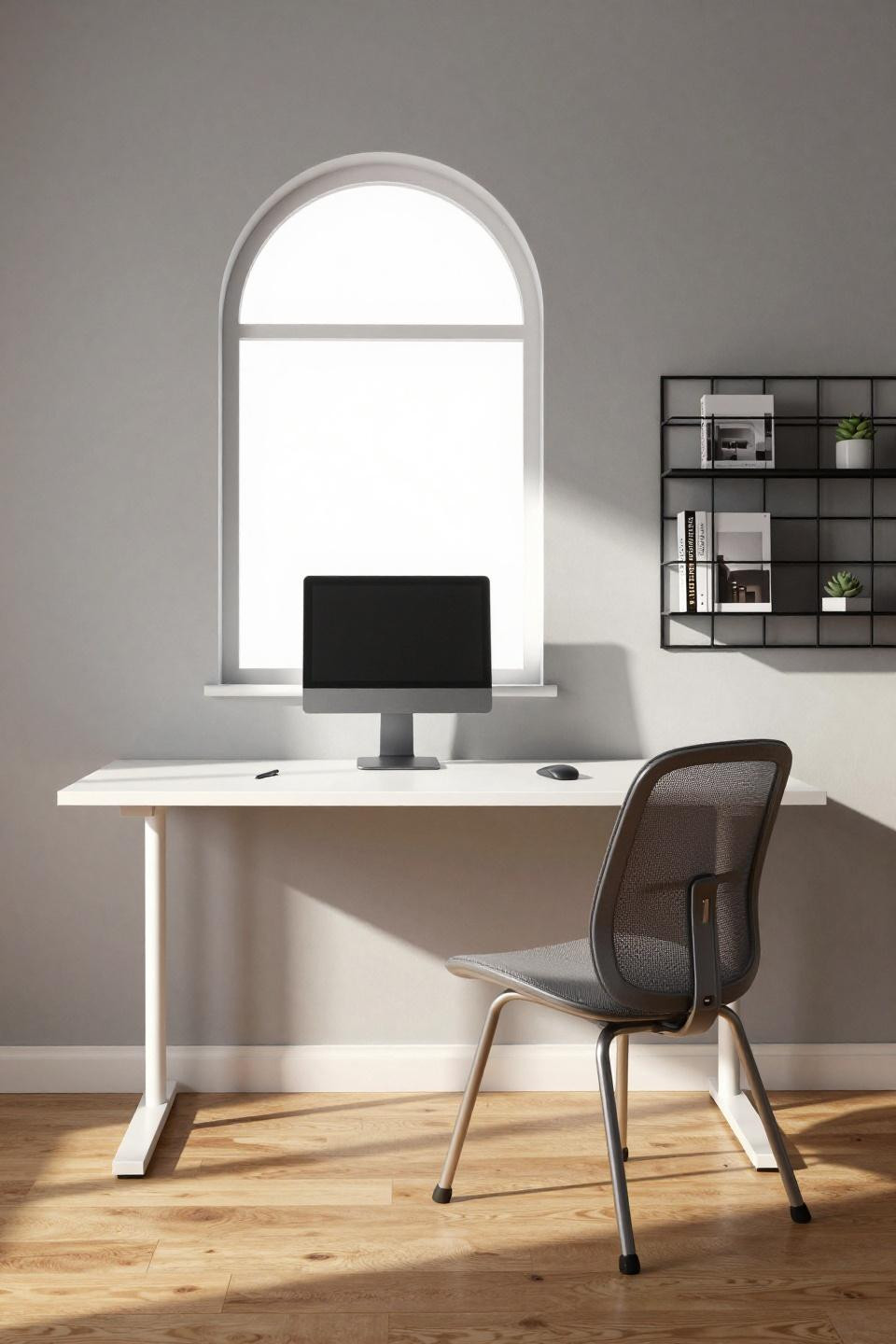 Bloxburg library with white floating desk and black metal grid shelving
