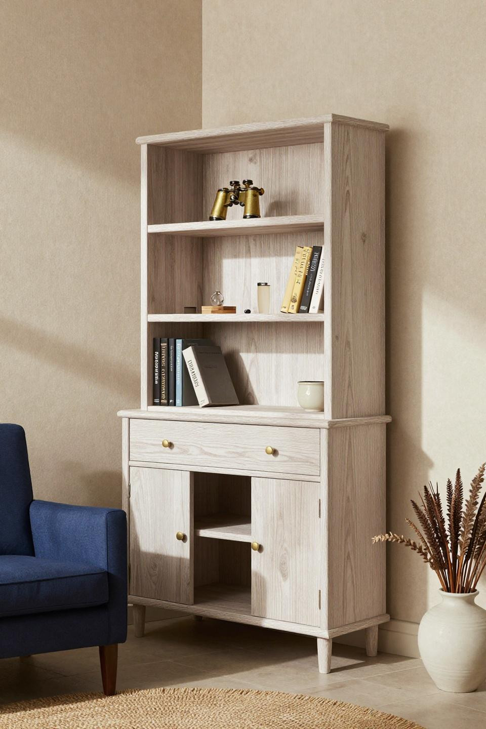 Bloxburg library with coastal teak cabinetry and driftwood desk