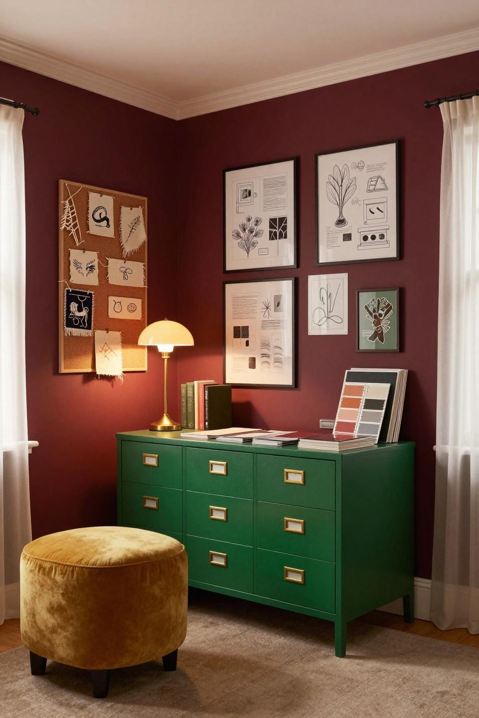Bloxburg office with deep burgundy wall and forest green filing cabinet