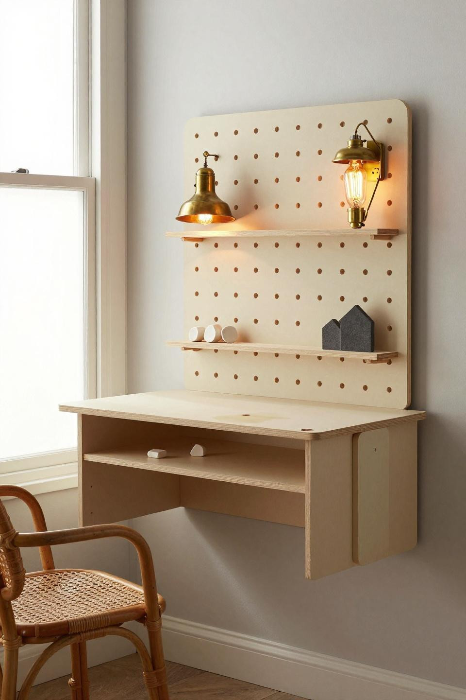 Bloxburg office aesthetic with floating desk and brass Edison lamp pegboard