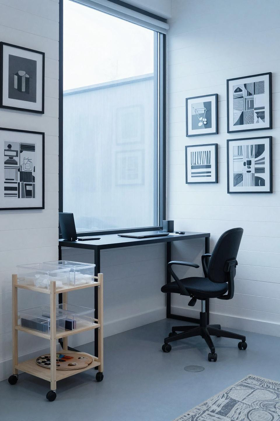 Bloxburg art room with white shiplap walls and gallery frames