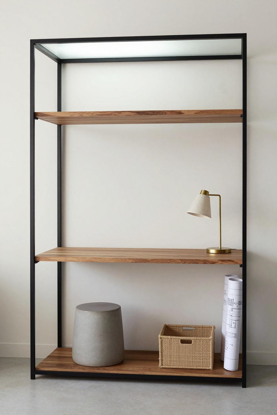 Bloxburg office room with blackened steel shelving and walnut floating desk