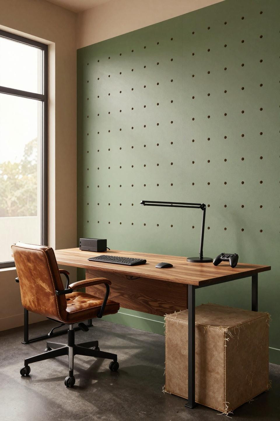 Bloxburg desk setup with sage green pegboard climbing wall and walnut L-shaped desk