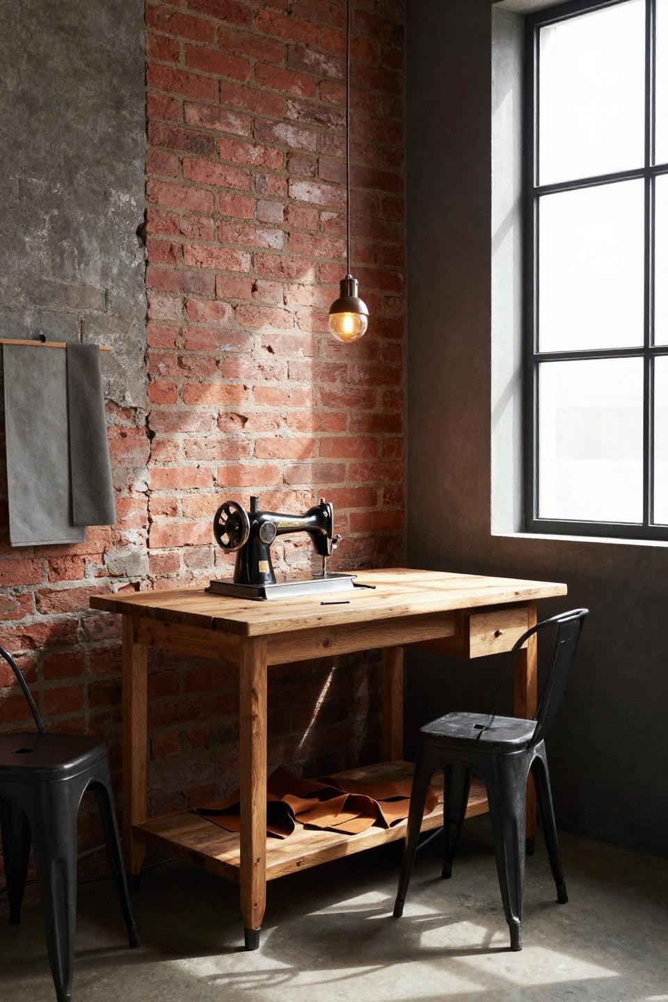 Bloxburg office with industrial red brick wall and vintage sewing machine