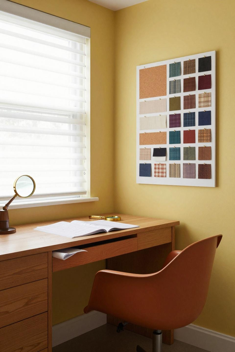 Bloxburg study room with chartreuse yellow wall and mid-century teak desk