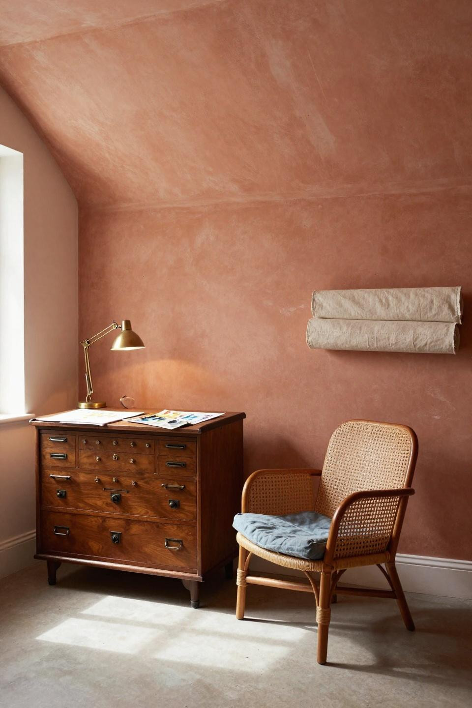 Bloxburg office with bohemian terracotta walls and vintage oak secretary cabinet