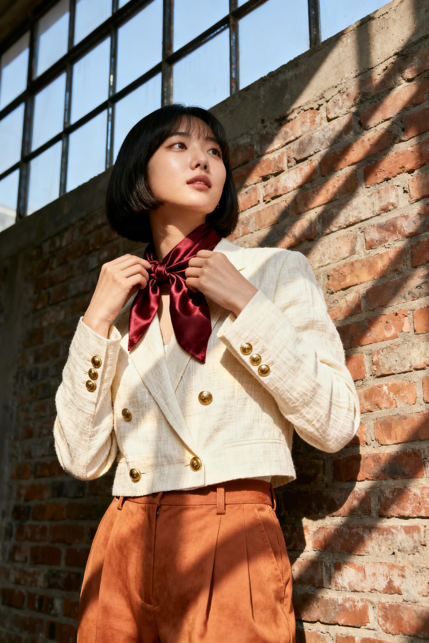 Hippie Work Outfit - cream blazer burgundy scarf brick
