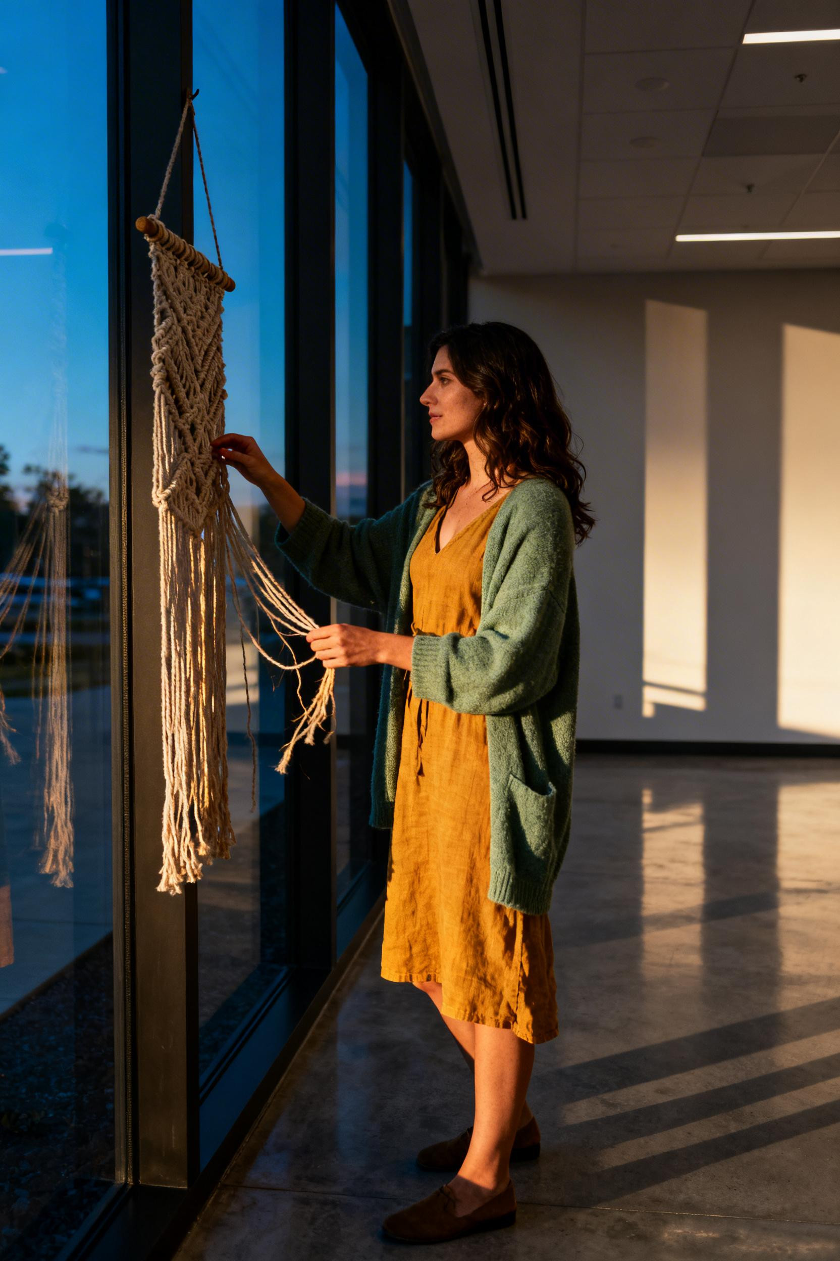 Modern Hippie Outfits - mustard shift dress sage cardigan