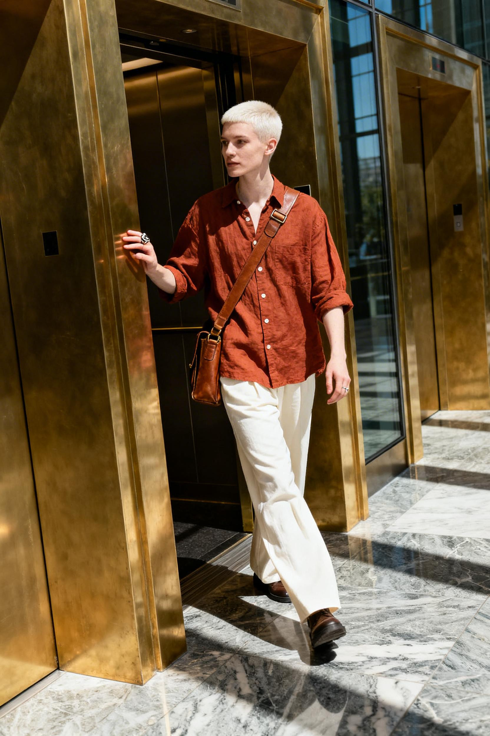 Funky Business Casual Outfits - burnt terracotta shirt elevator