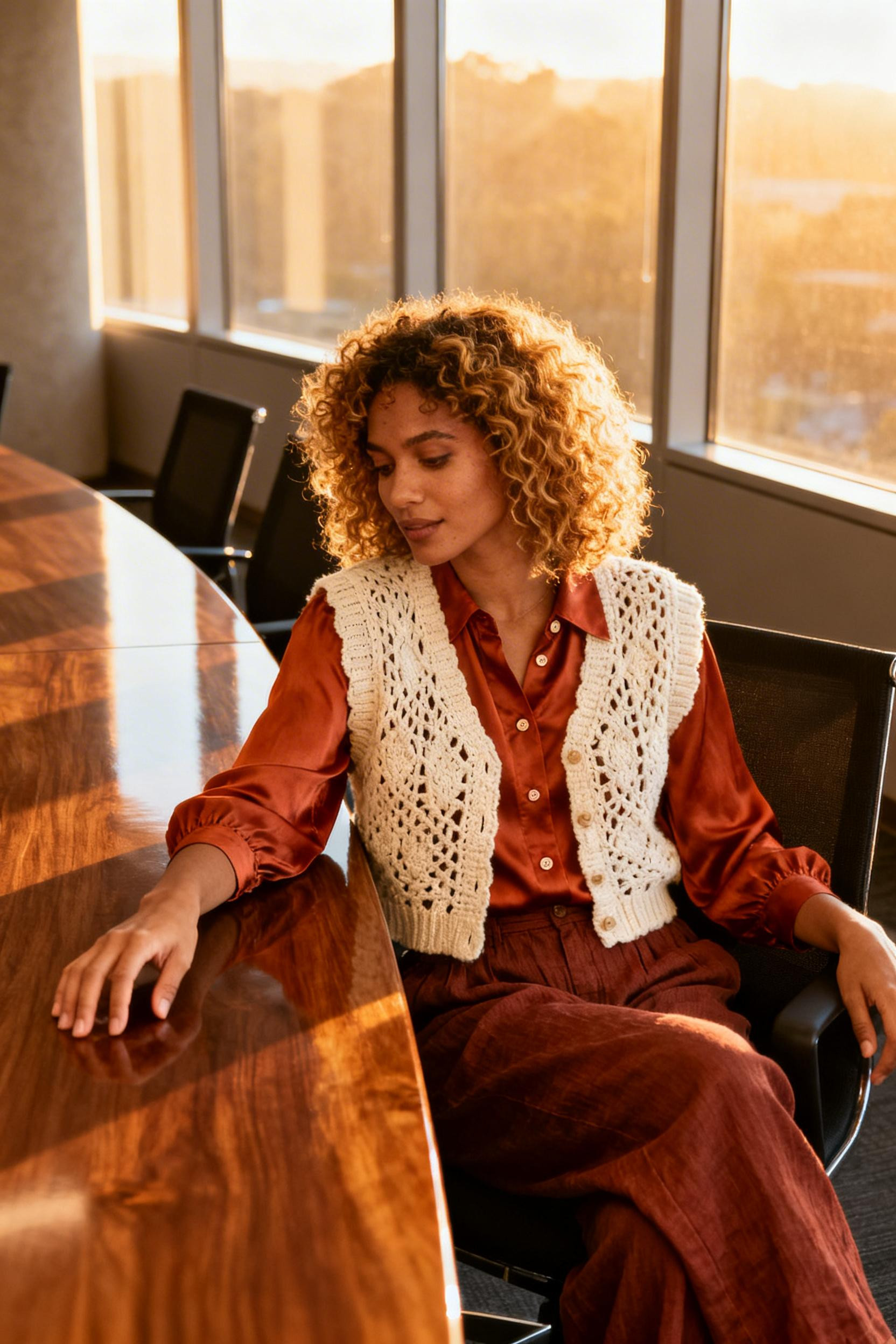 Hippie Business Casual - burnt sienna trousers crochet vest