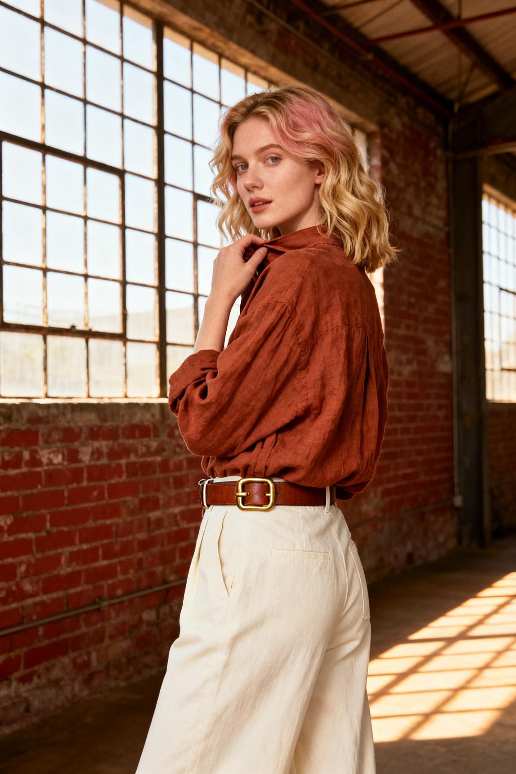 Professional Boho Outfits - burnt sienna shirt brass buckle