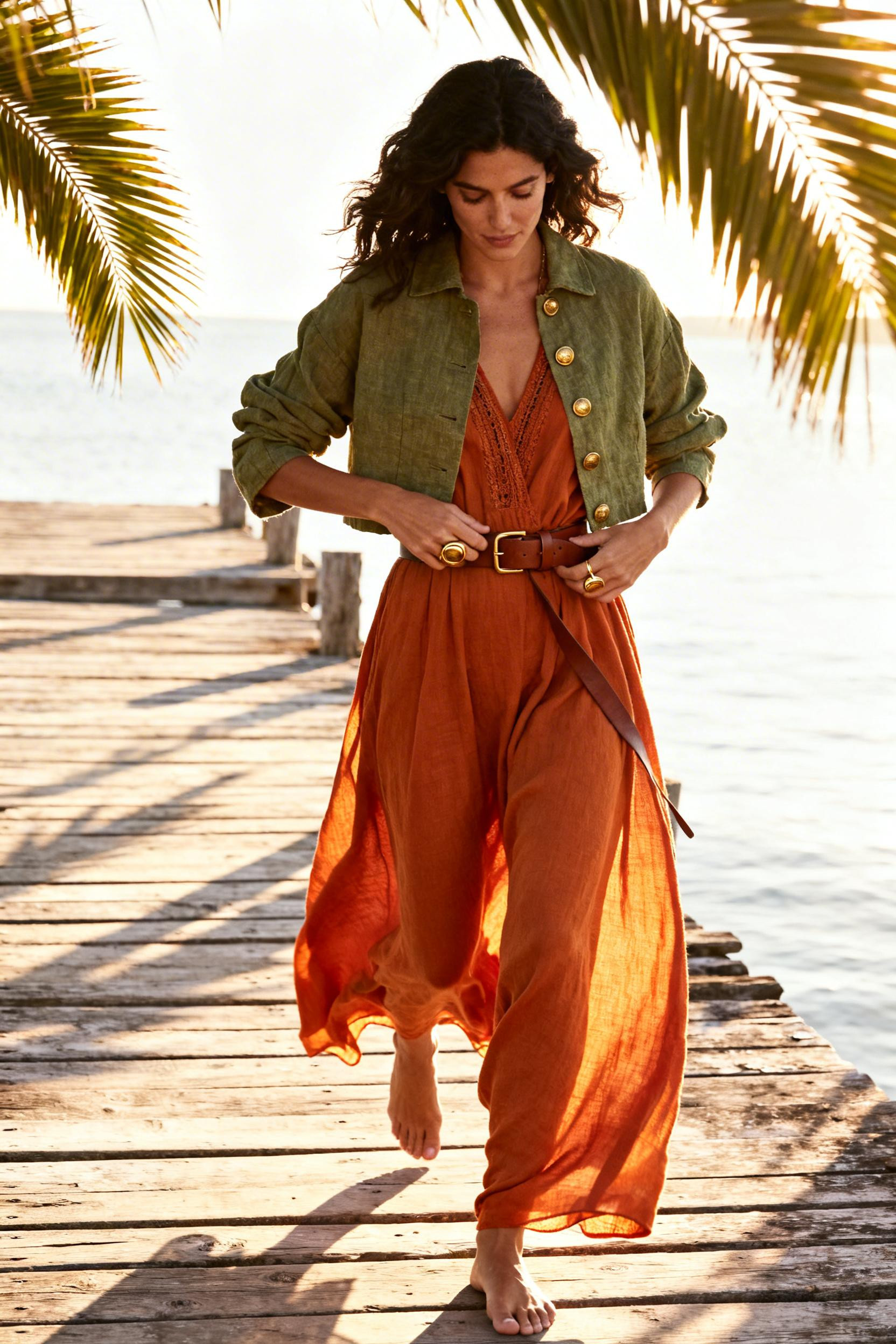 Funky Office Outfits - burnt orange kaftan moss jacket