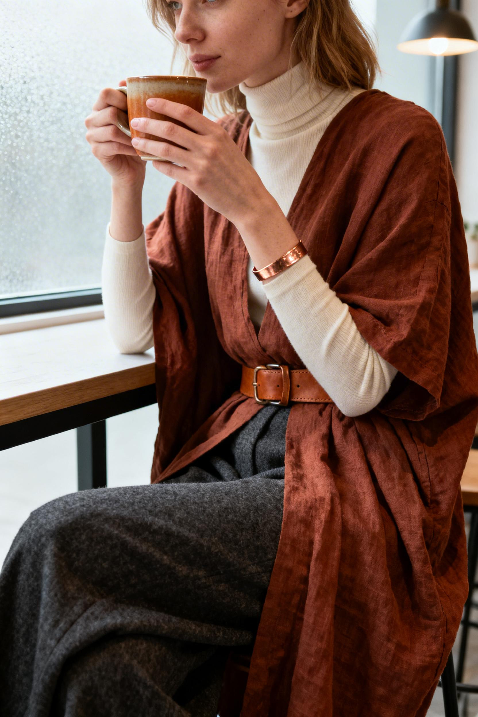 Boho Professional Style - burnt sienna tunic caramel belt